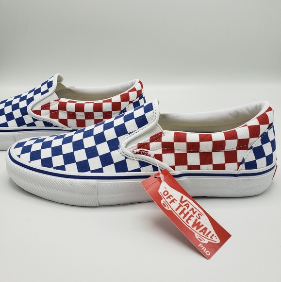 red white and blue slip on vans